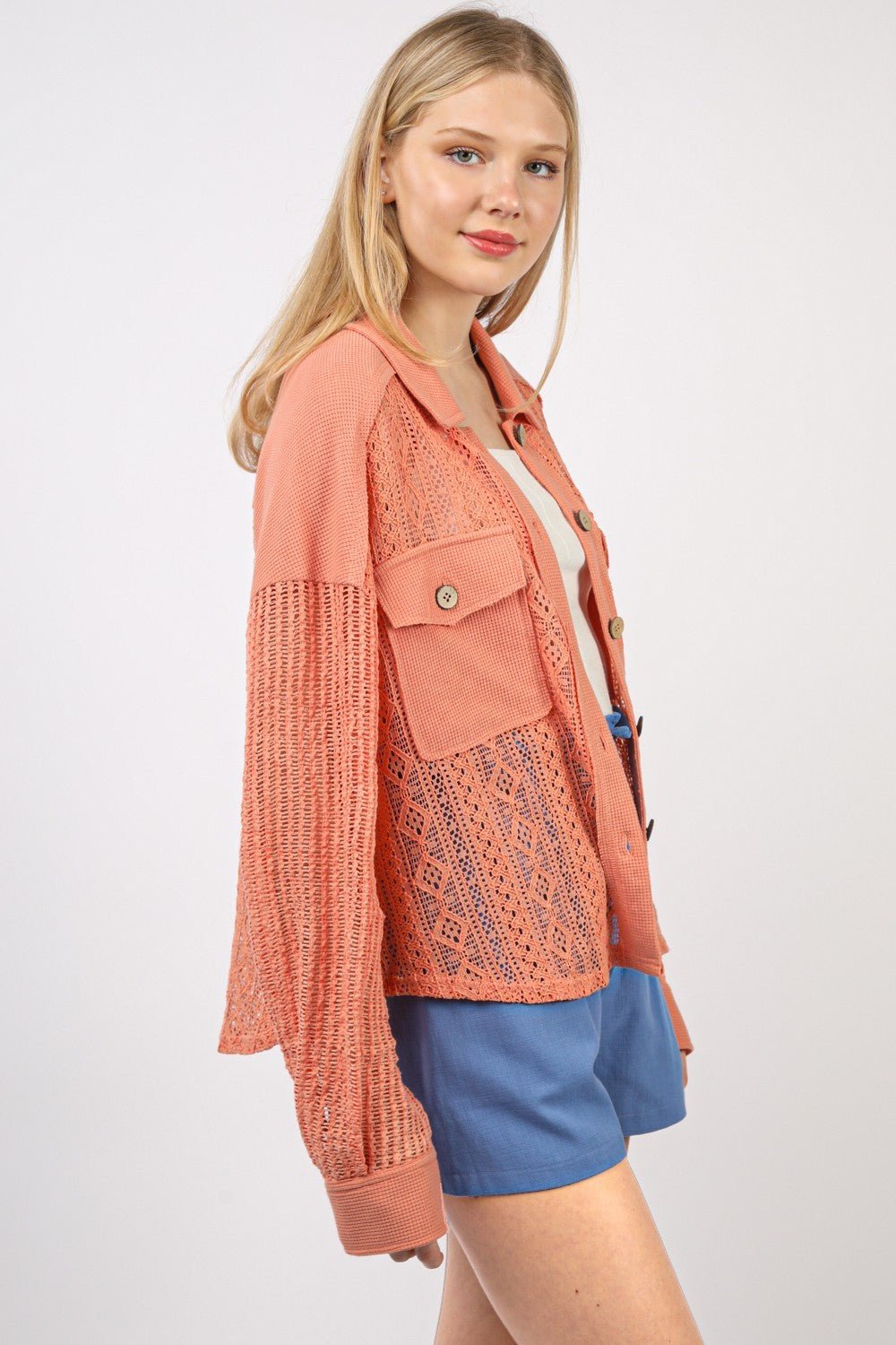 Very JButton Up Long Sleeve Lace Shirt in Salmon