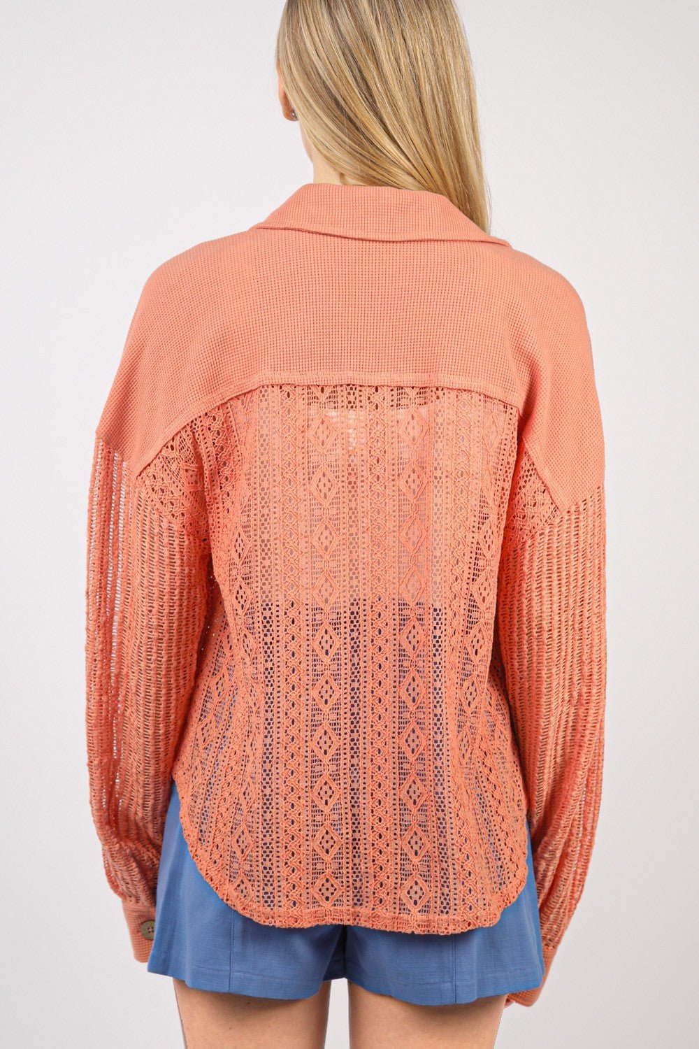 Very JButton Up Long Sleeve Lace Shirt in Salmon