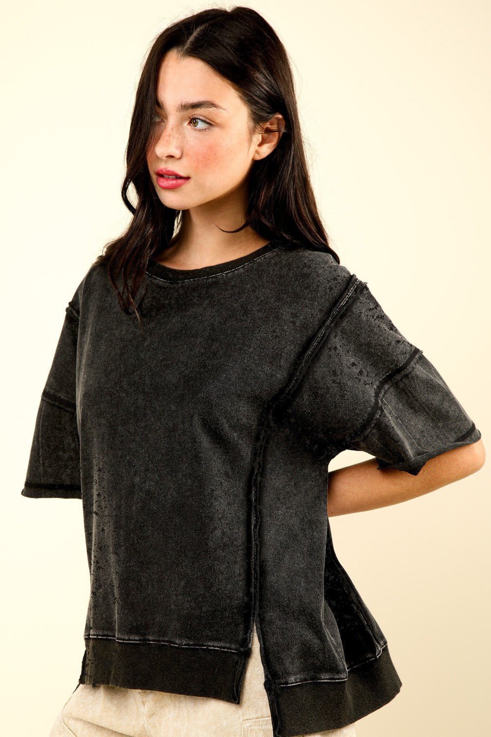 Very JCrew Neck Exposed Seam Tunic T - Shirt in Black