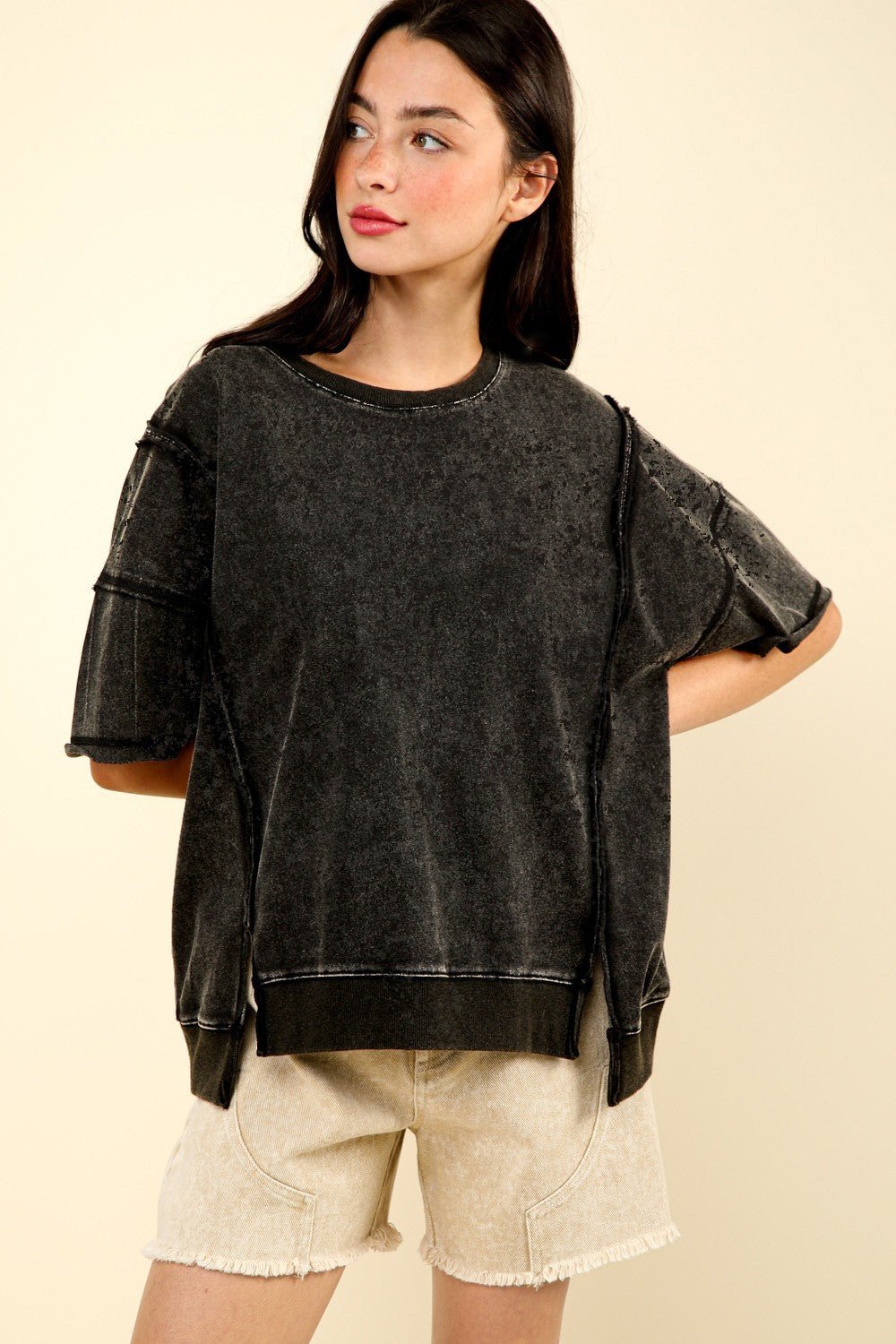 Very JCrew Neck Exposed Seam Tunic T - Shirt in Black