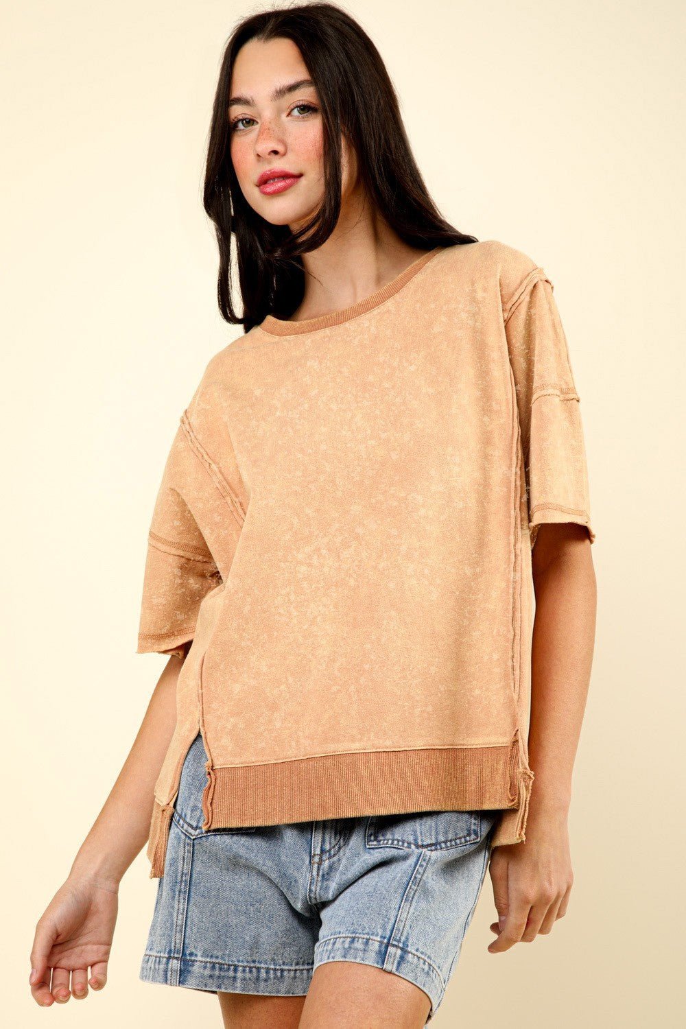 Very JCrew Neck Exposed Seam Tunic T - Shirt in Mocha