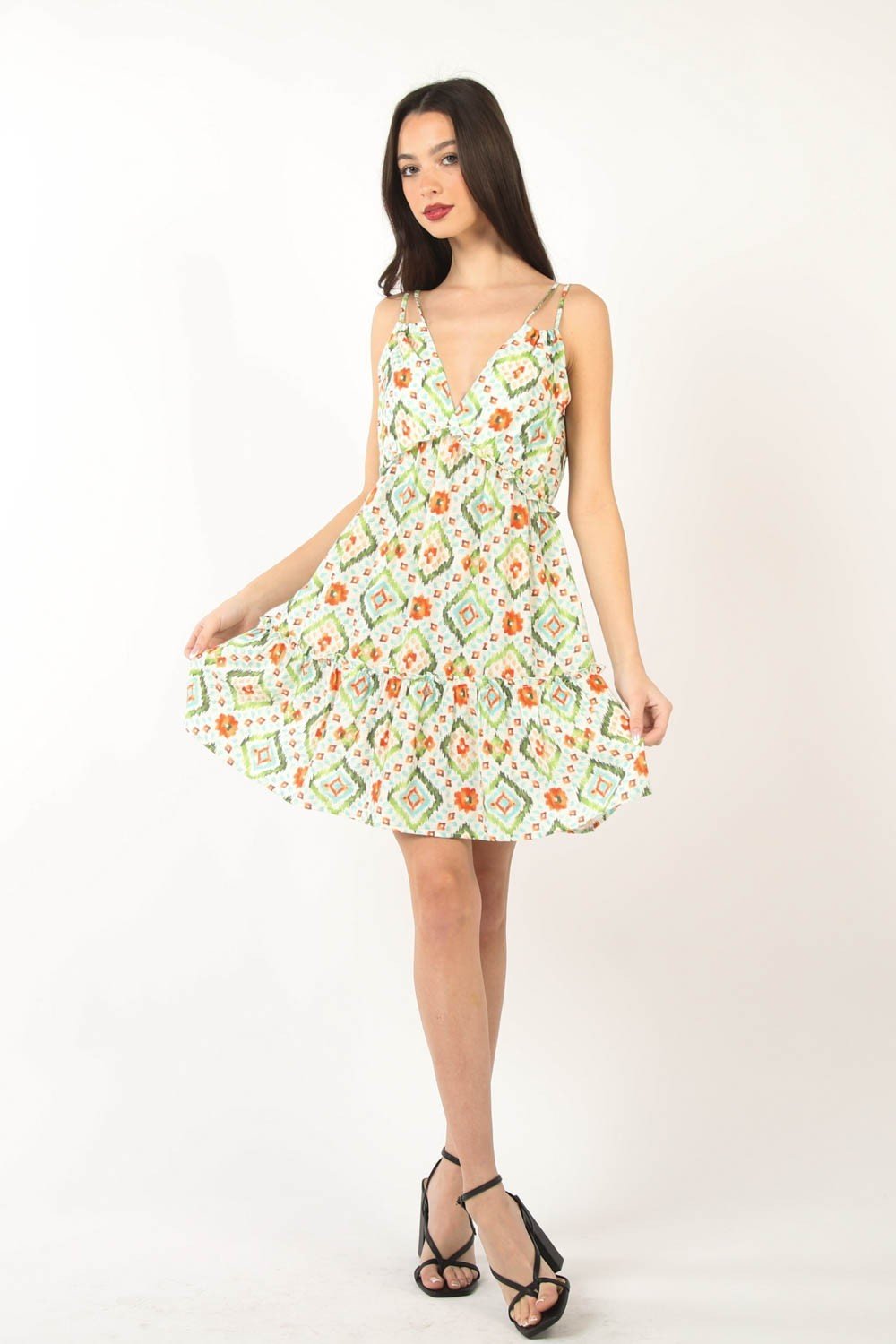 Very JFloral Print Sleeveless Ruffled Mini Dress in Green Multi