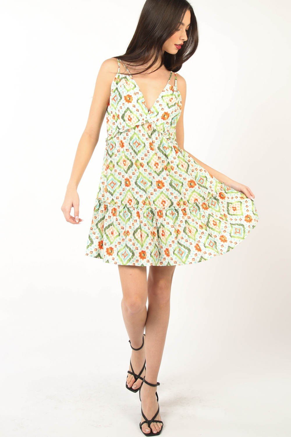 Very JFloral Print Sleeveless Ruffled Mini Dress in Green Multi