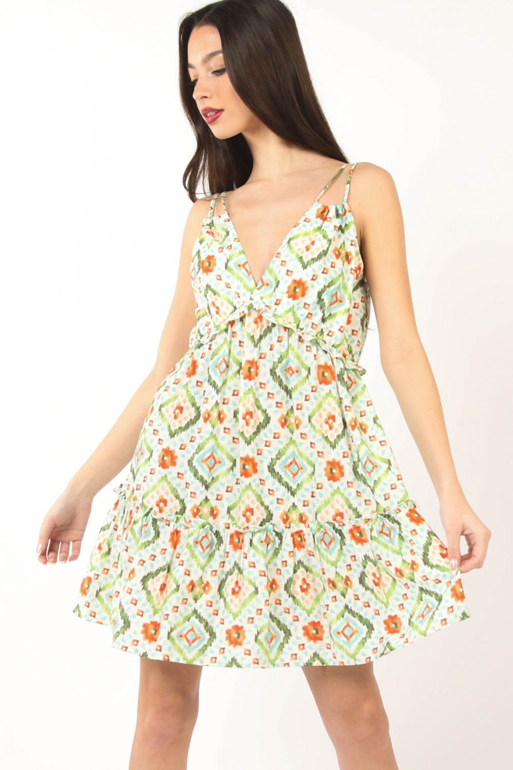 Very JFloral Print Sleeveless Ruffled Mini Dress in Green Multi