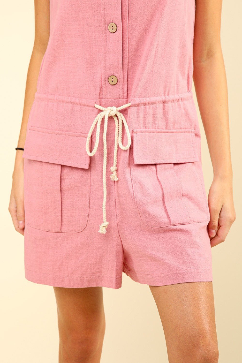 Very JHalf Button Drawstring Waist Sleeveless Romper in Blush