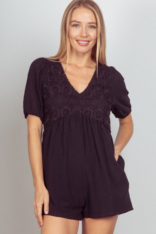 Very JLace Detail Puff Sleeve Romper with Pockets in Black
