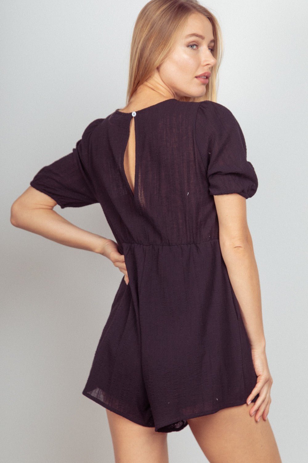 Very JLace Detail Puff Sleeve Romper with Pockets in Black