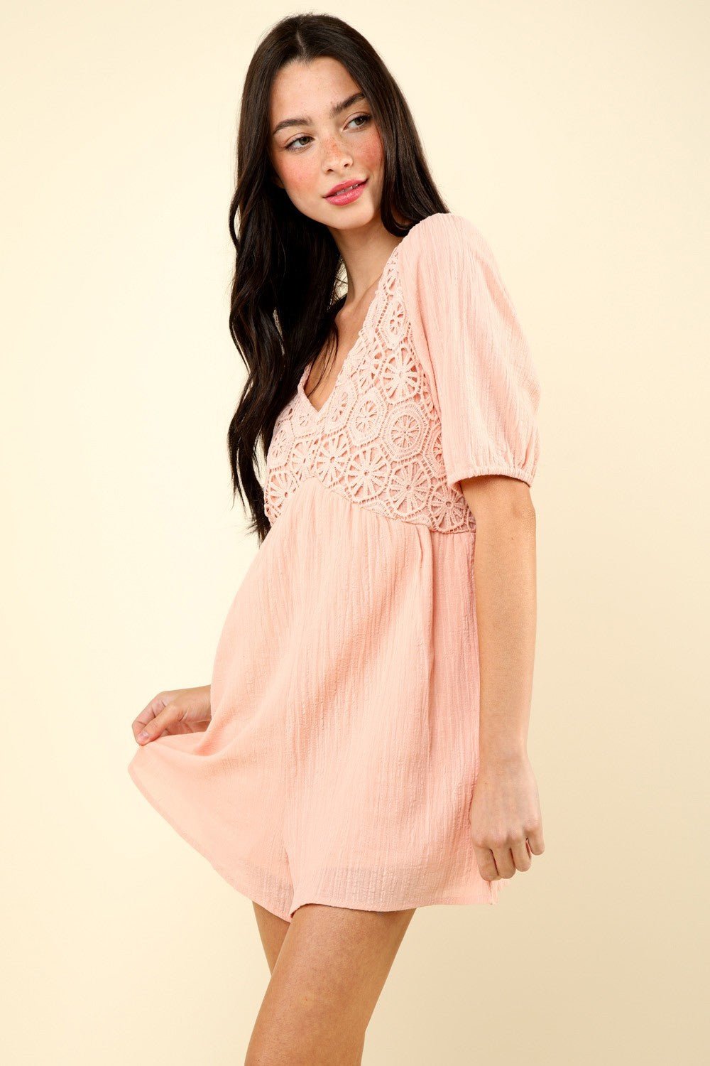 Very JLace Detail Puff Sleeve Romper with Pockets in Blush