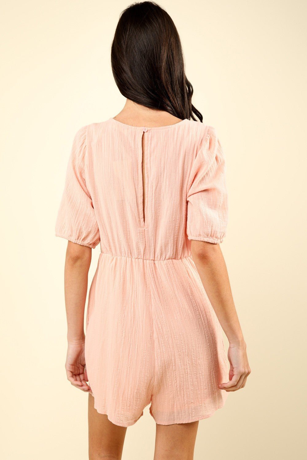 Very JLace Detail Puff Sleeve Romper with Pockets in Blush