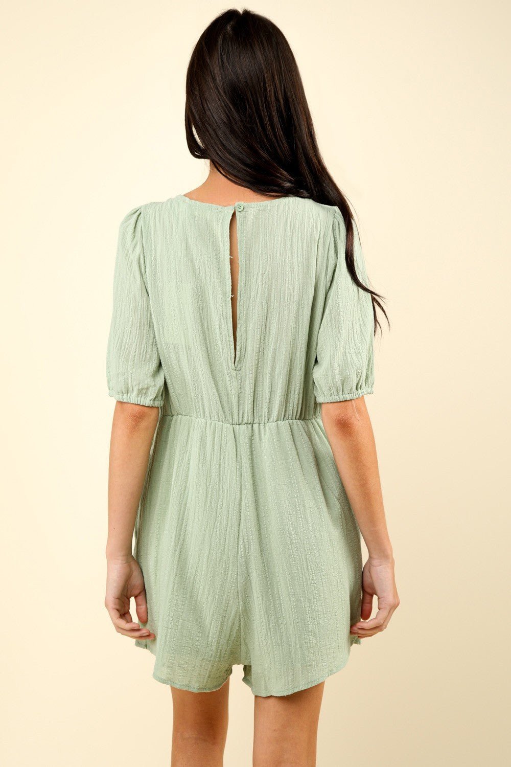 Very JLace Detail Puff Sleeve Romper with Pockets in Sage