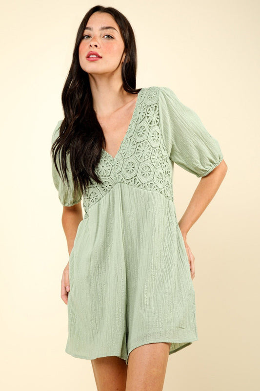 Very JLace Detail Puff Sleeve Romper with Pockets in Sage