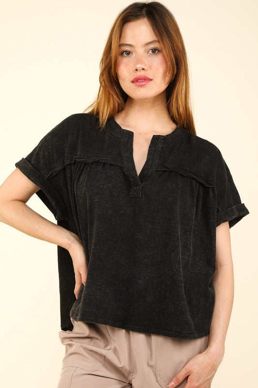 Very JNotched Neck Short Sleeve Washed T - Shirt in Black