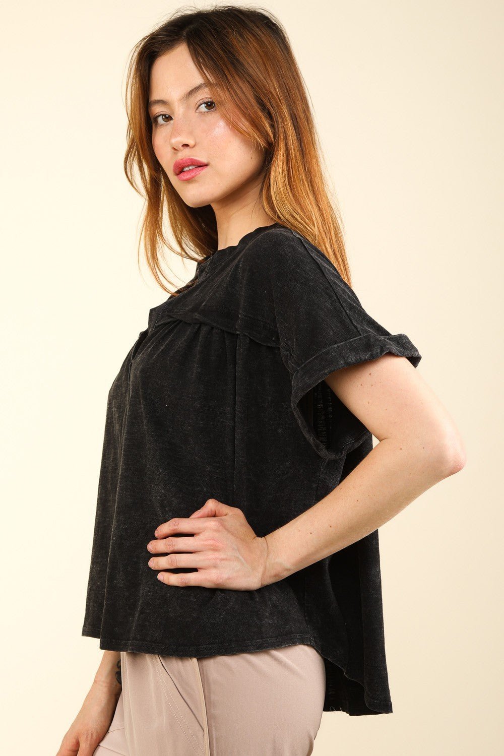 Very JNotched Neck Short Sleeve Washed T - Shirt in Black