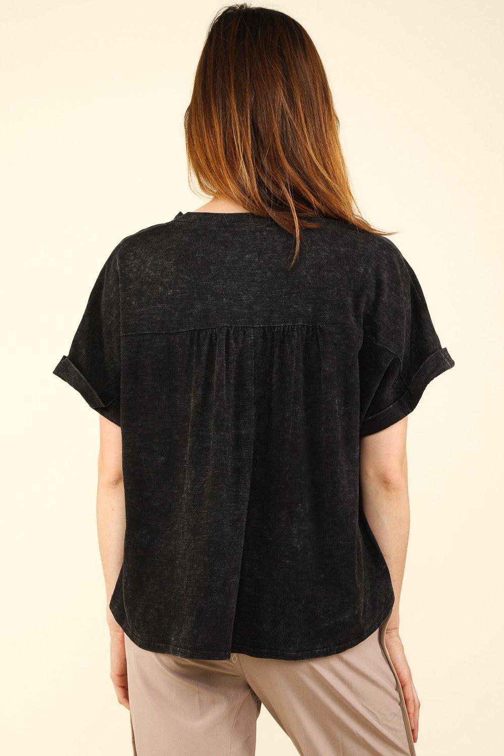 Very JNotched Neck Short Sleeve Washed T - Shirt in Black