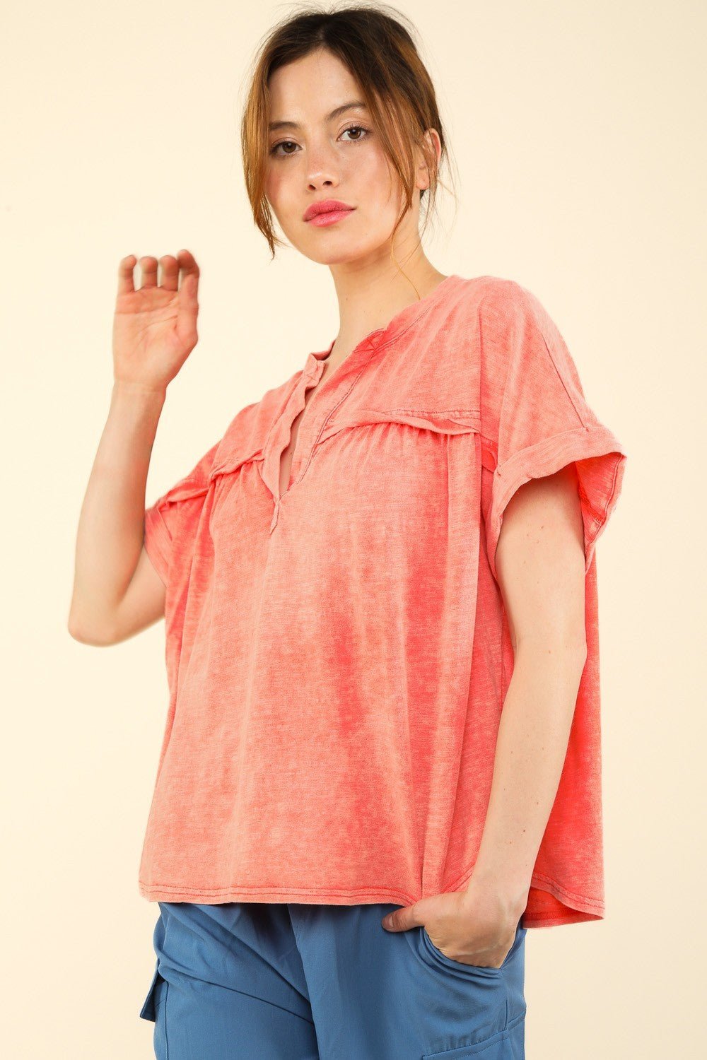 Very JNotched Neck Short Sleeve Washed T - Shirt in Coral