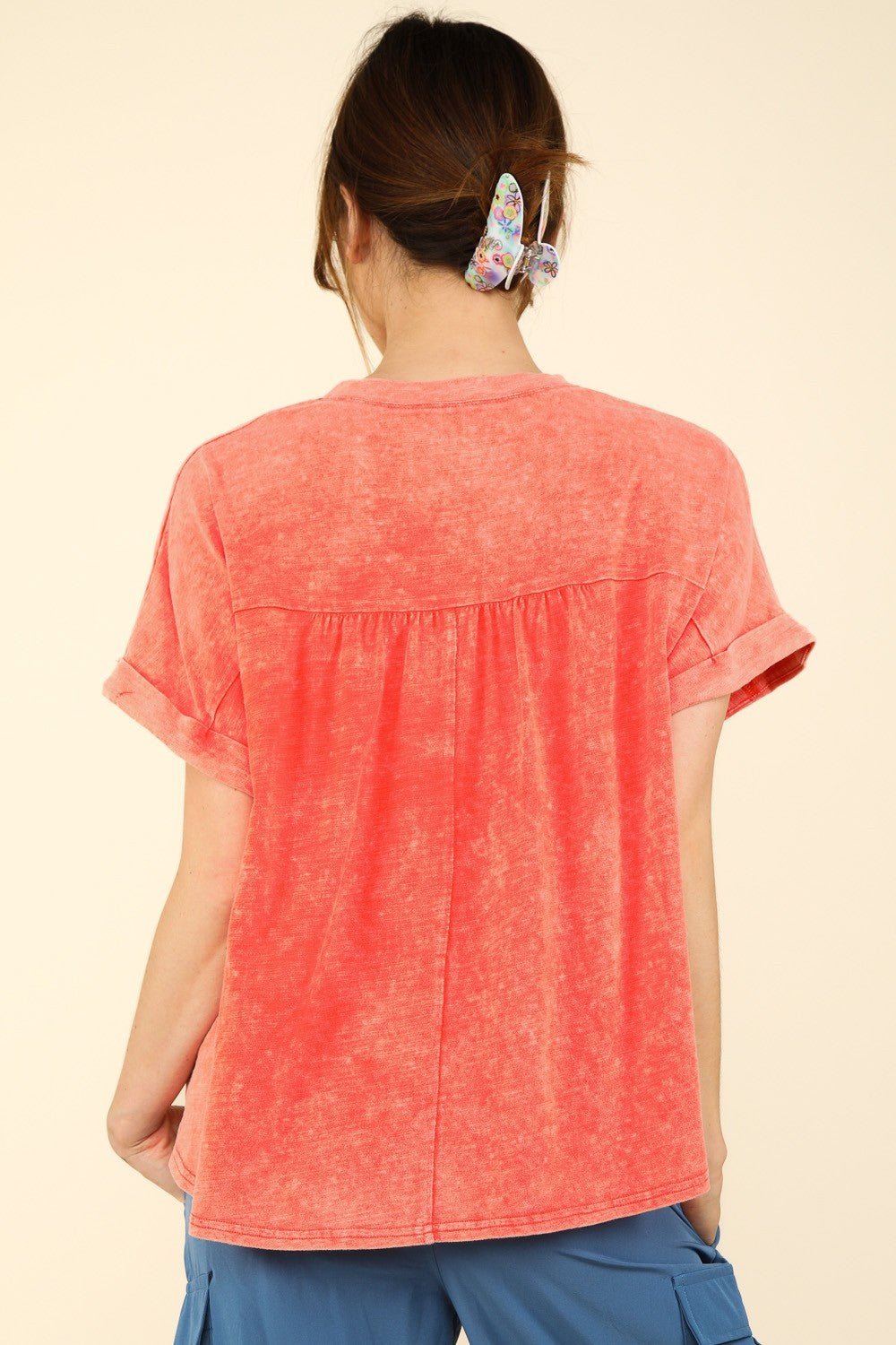 Very JNotched Neck Short Sleeve Washed T - Shirt in Coral