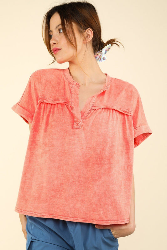 Very JNotched Neck Short Sleeve Washed T - Shirt in Coral