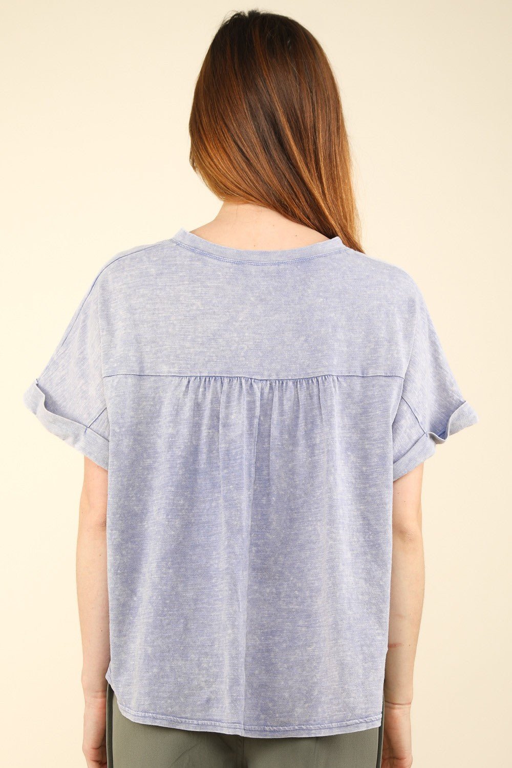 Very JNotched Neck Short Sleeve Washed T - Shirt in Denim Blue