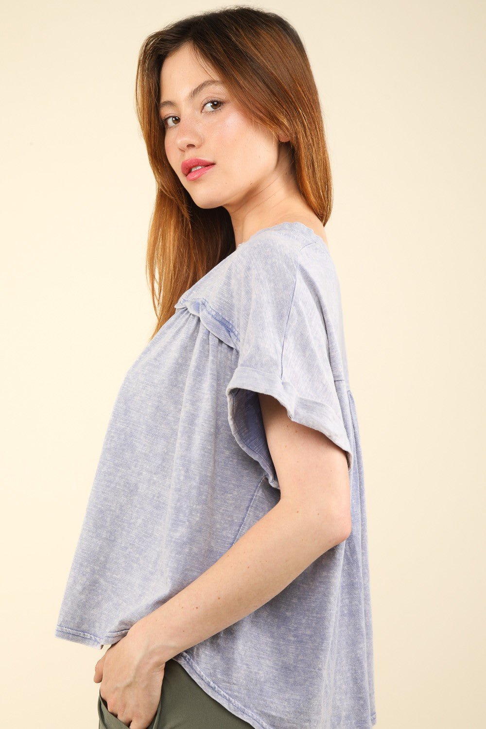 Very JNotched Neck Short Sleeve Washed T - Shirt in Denim Blue