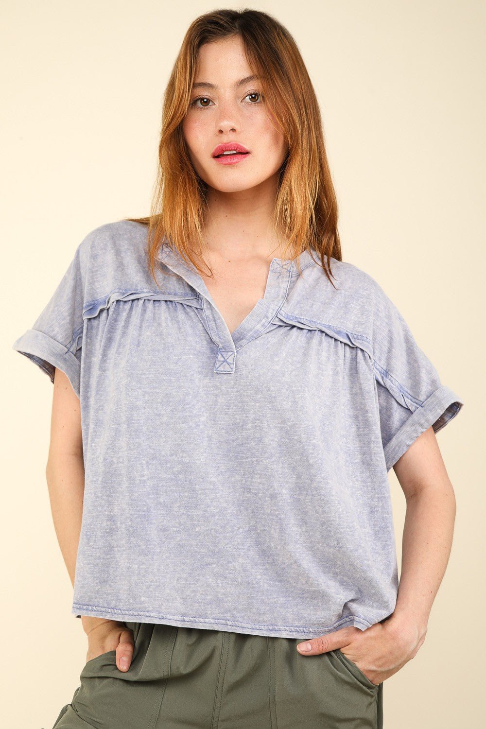 Very JNotched Neck Short Sleeve Washed T - Shirt in Denim Blue