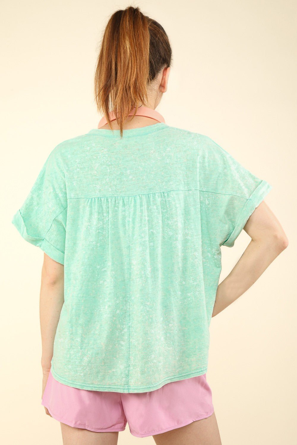 Very JNotched Neck Short Sleeve Washed T - Shirt in Green