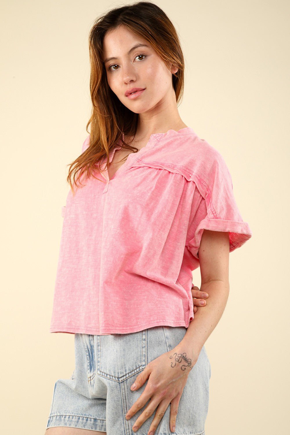 Very JNotched Neck Short Sleeve Washed T - Shirt in Pink