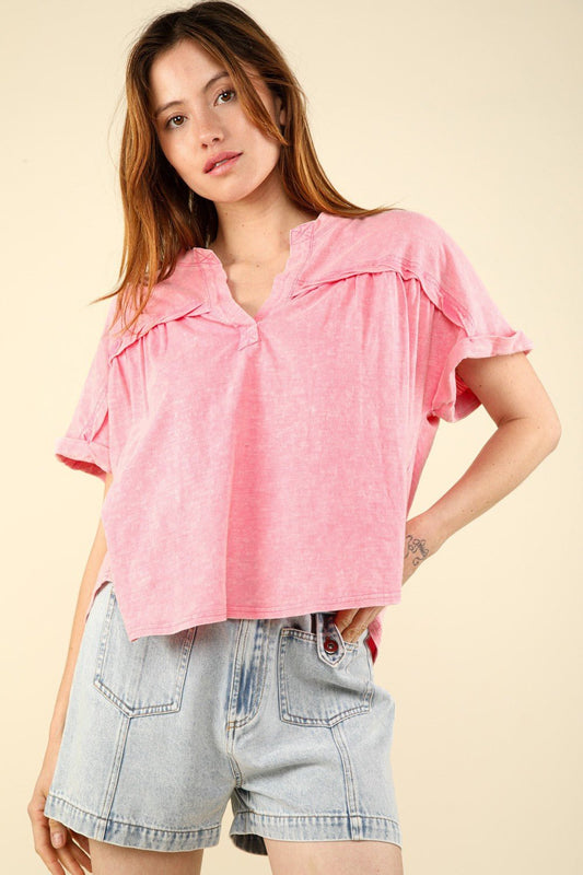 Very JNotched Neck Short Sleeve Washed T - Shirt in Pink