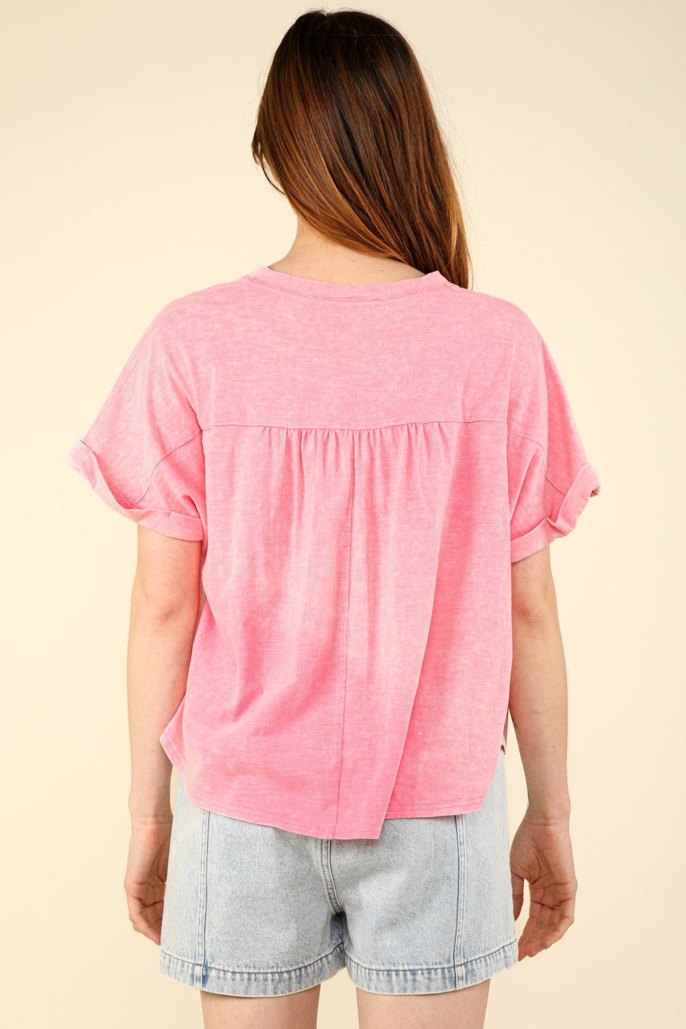 Very JNotched Neck Short Sleeve Washed T - Shirt in Pink