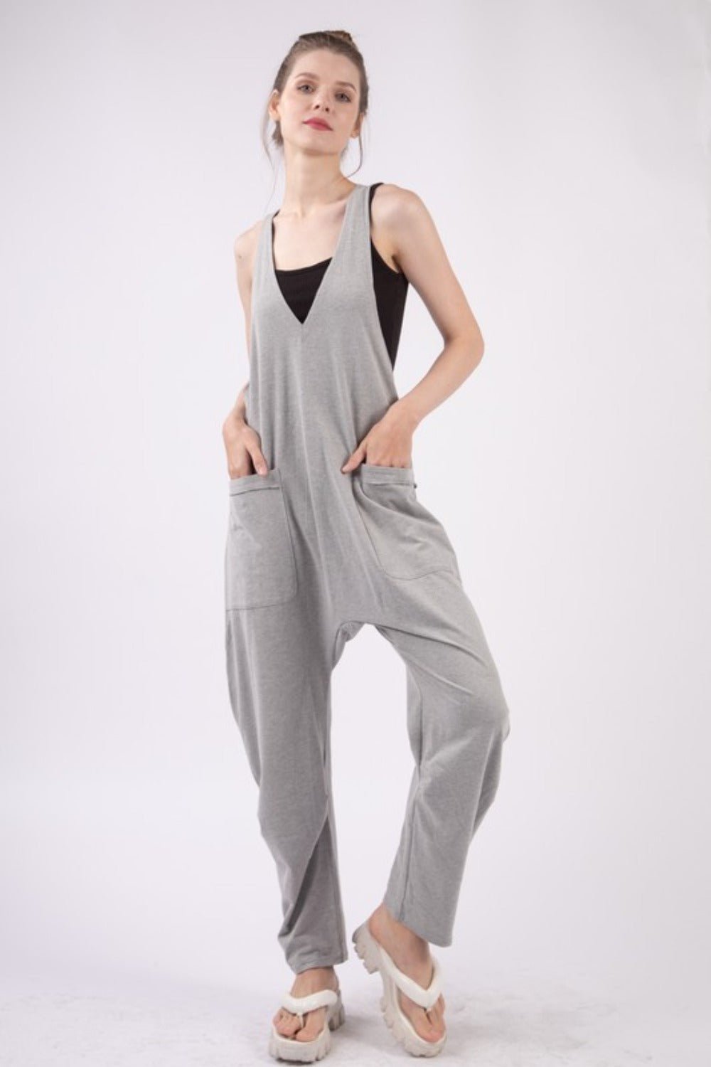 Very JPlunge Neck Sleeveless Jumpsuit with Pockets in Grey