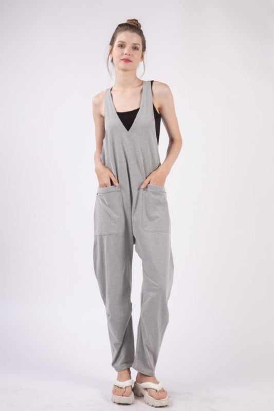 Very JPlunge Neck Sleeveless Jumpsuit with Pockets in Grey