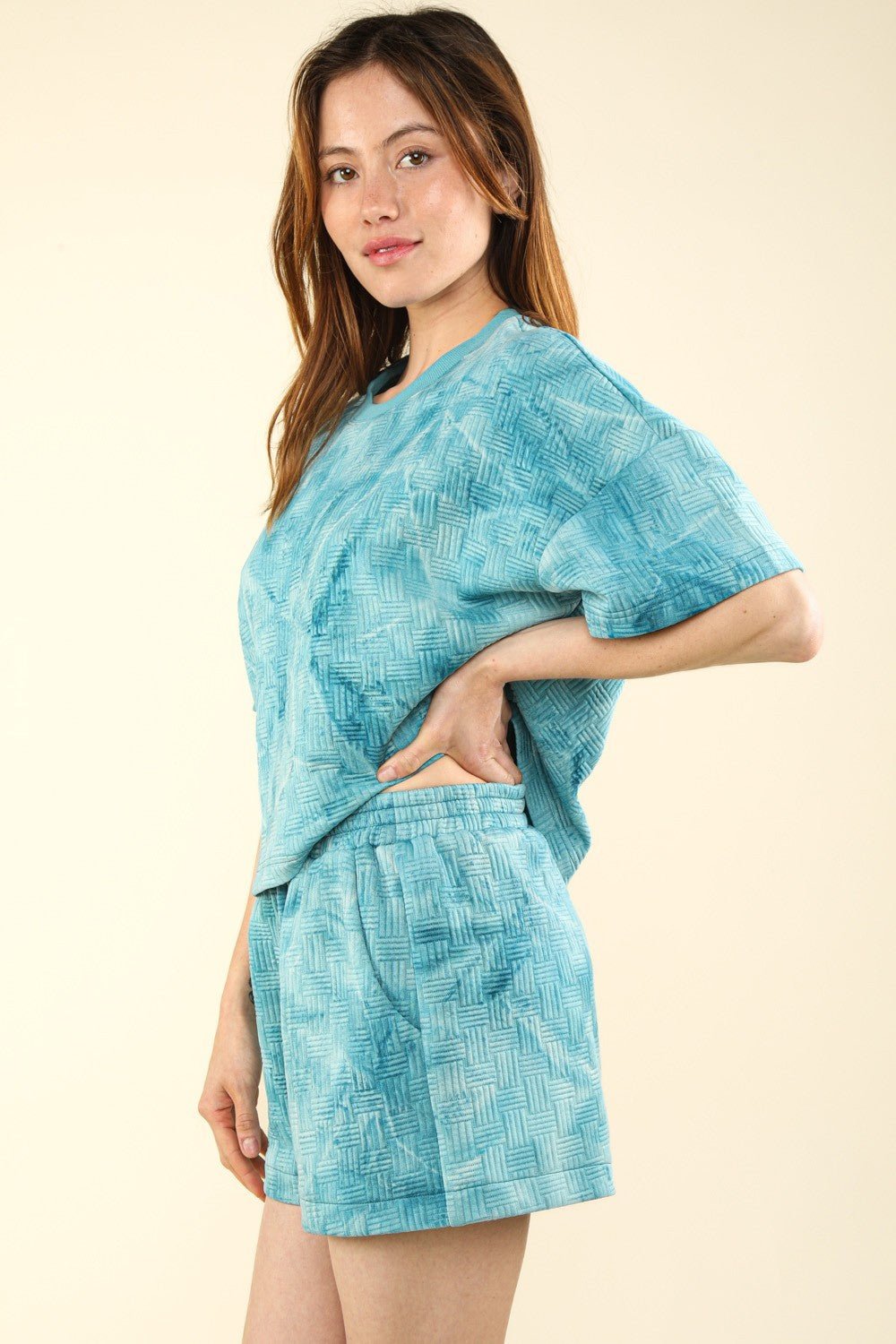 Very JQuilted Washed Crop Top and Shorts Set in Teal