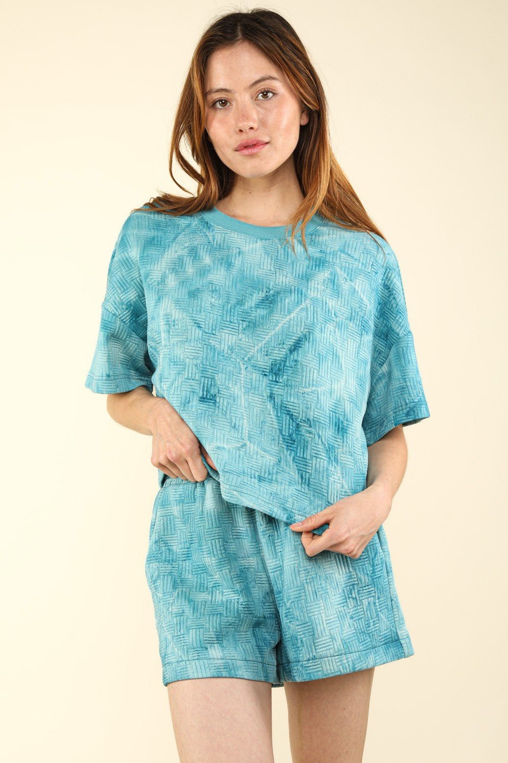 Very JQuilted Washed Crop Top and Shorts Set in Teal