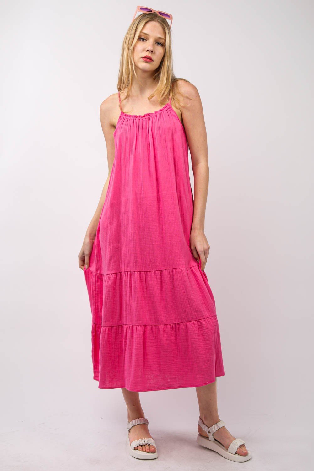 Very JRuffled A - Line Midi Cami Dress in Fuchsia