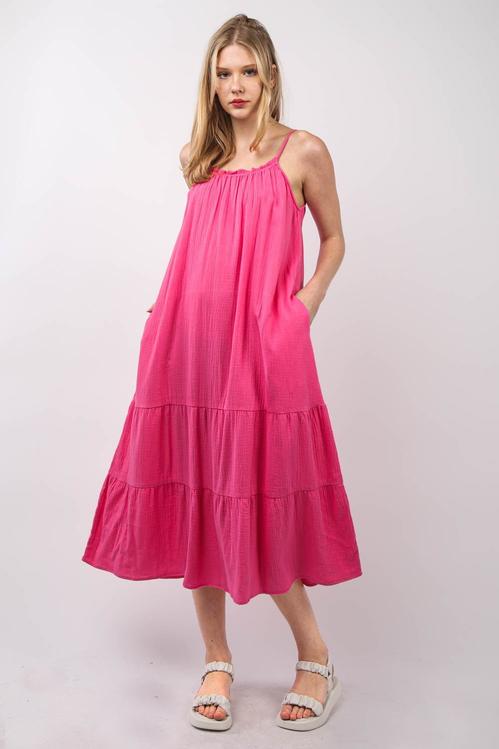 Very JRuffled A - Line Midi Cami Dress in Fuchsia