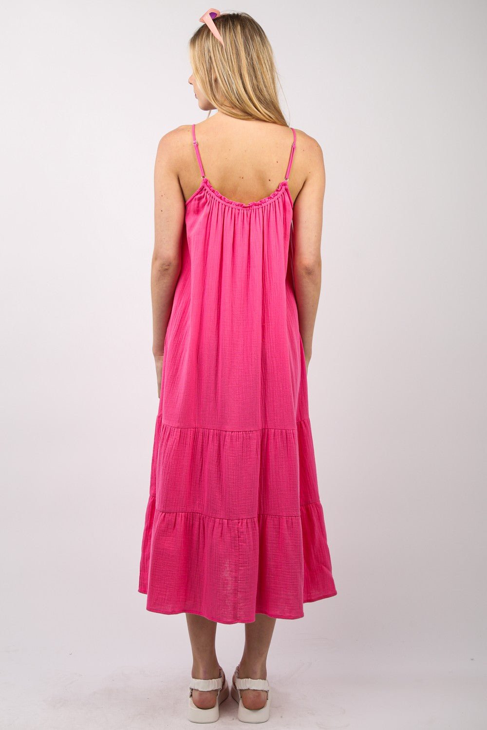 Very JRuffled A - Line Midi Cami Dress in Fuchsia