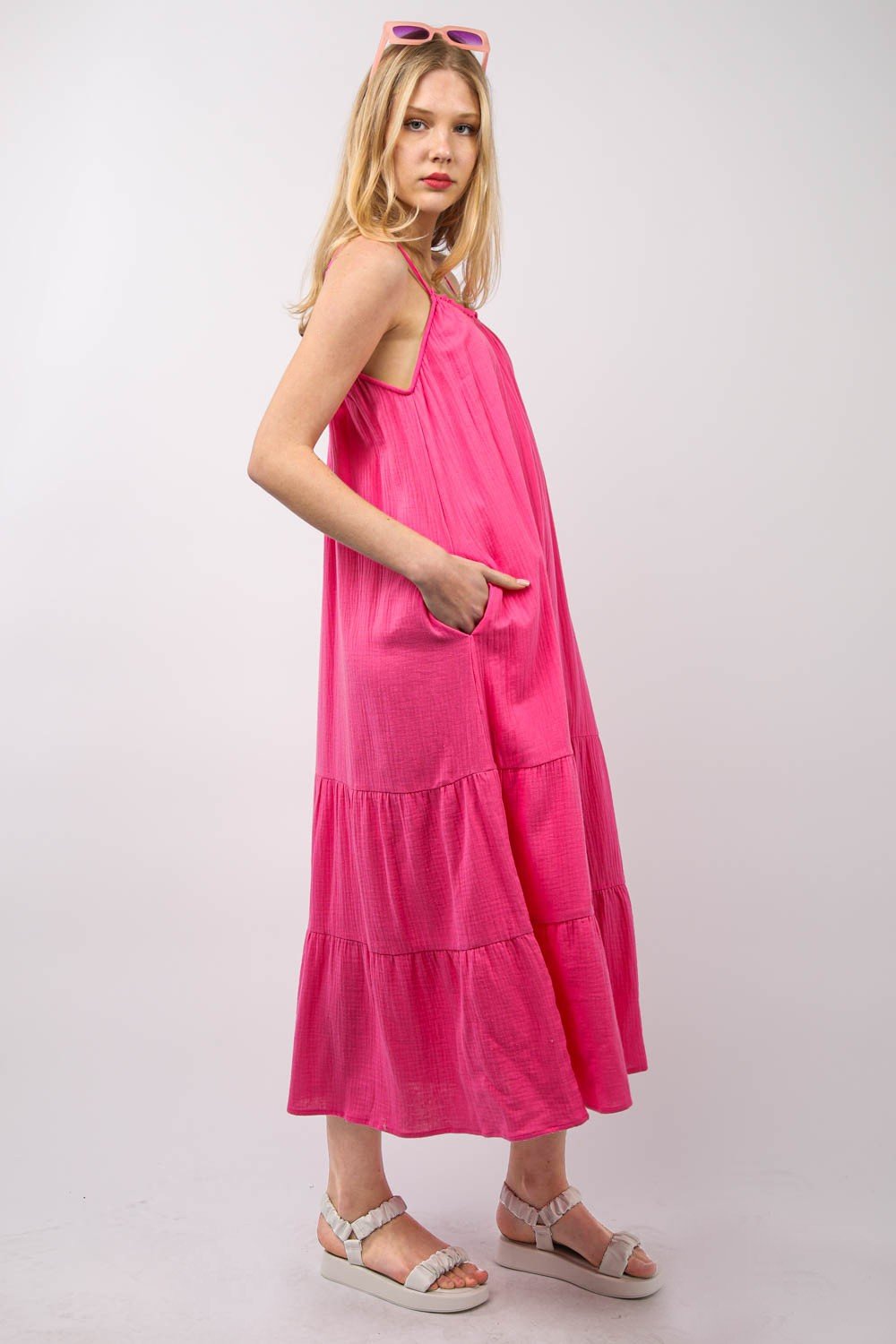 Very JRuffled A - Line Midi Cami Dress in Fuchsia