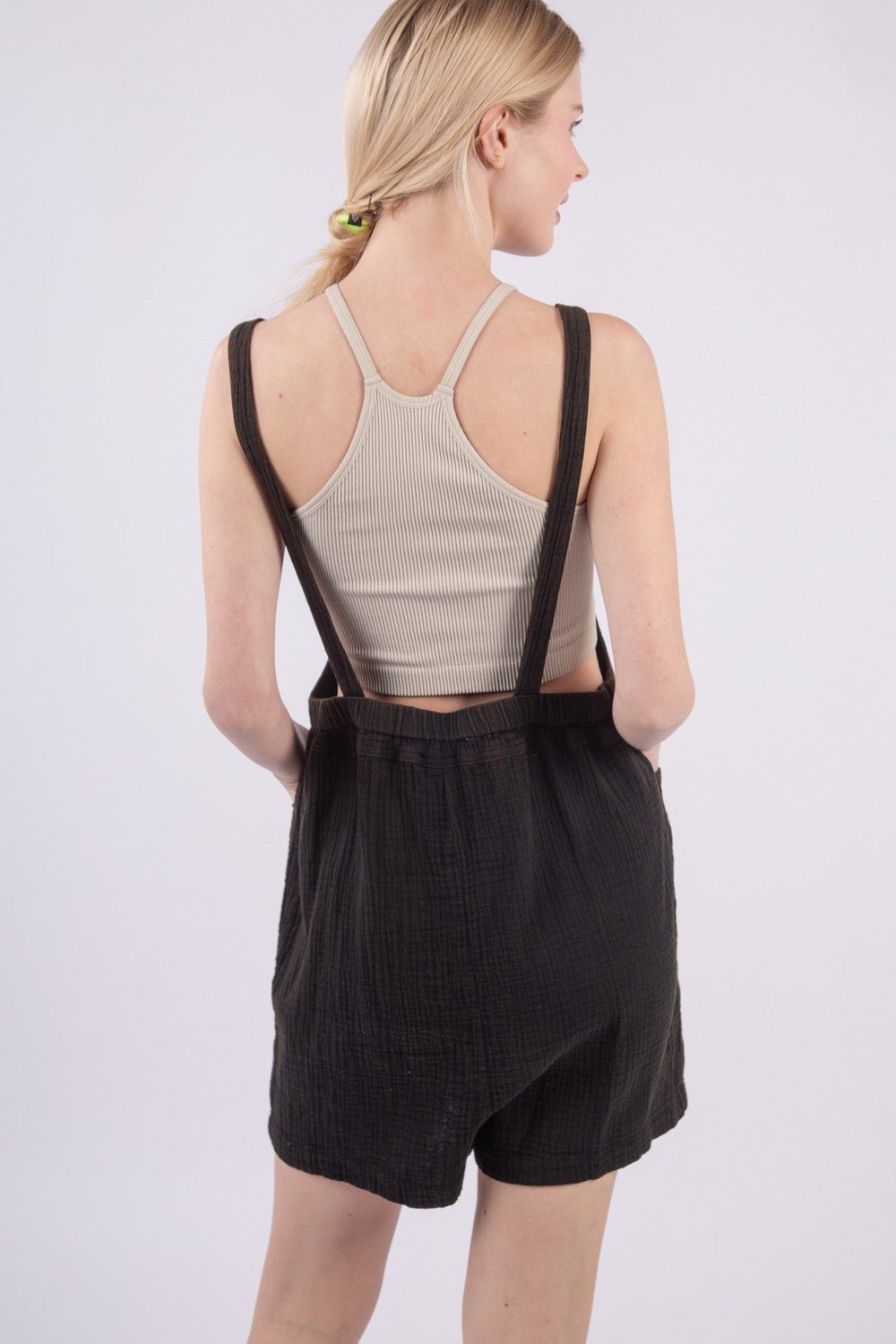 Very JSleeveless Double Gauze Shortalls with Pockets in Black