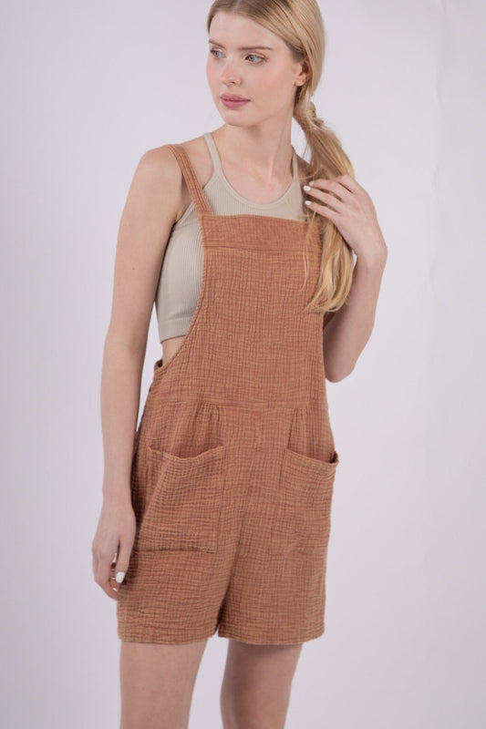 Very JSleeveless Double Gauze Shortalls with Pockets in Mocha