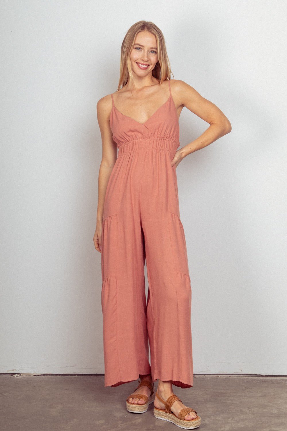 Very JSleeveless Ruched Wide Leg Jumpsuit in Blush