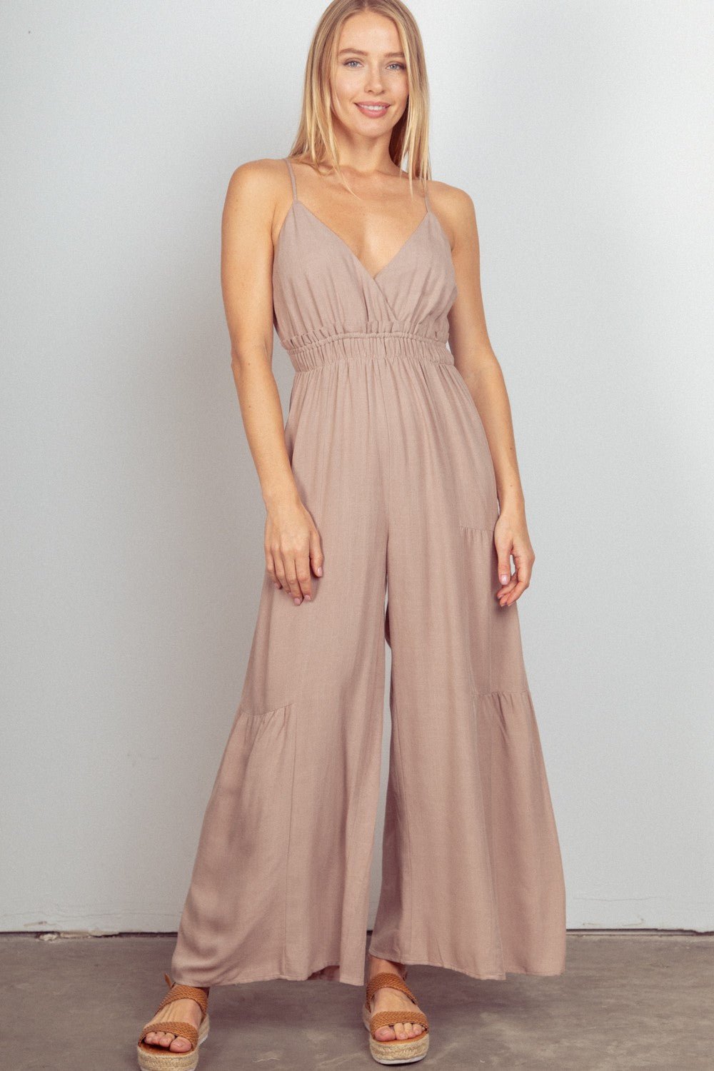 Very JSleeveless Ruched Wide Leg Jumpsuit in Natural