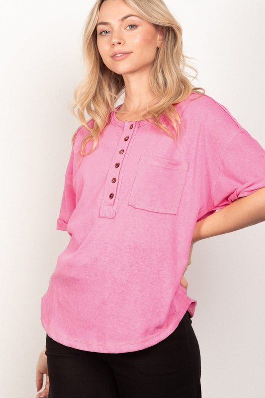 Very JTwisted Sleeve Band Half Button Top in Pink