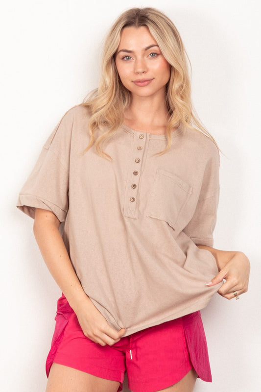 Very JTwisted Sleeve Band Half Button Top in Taupe