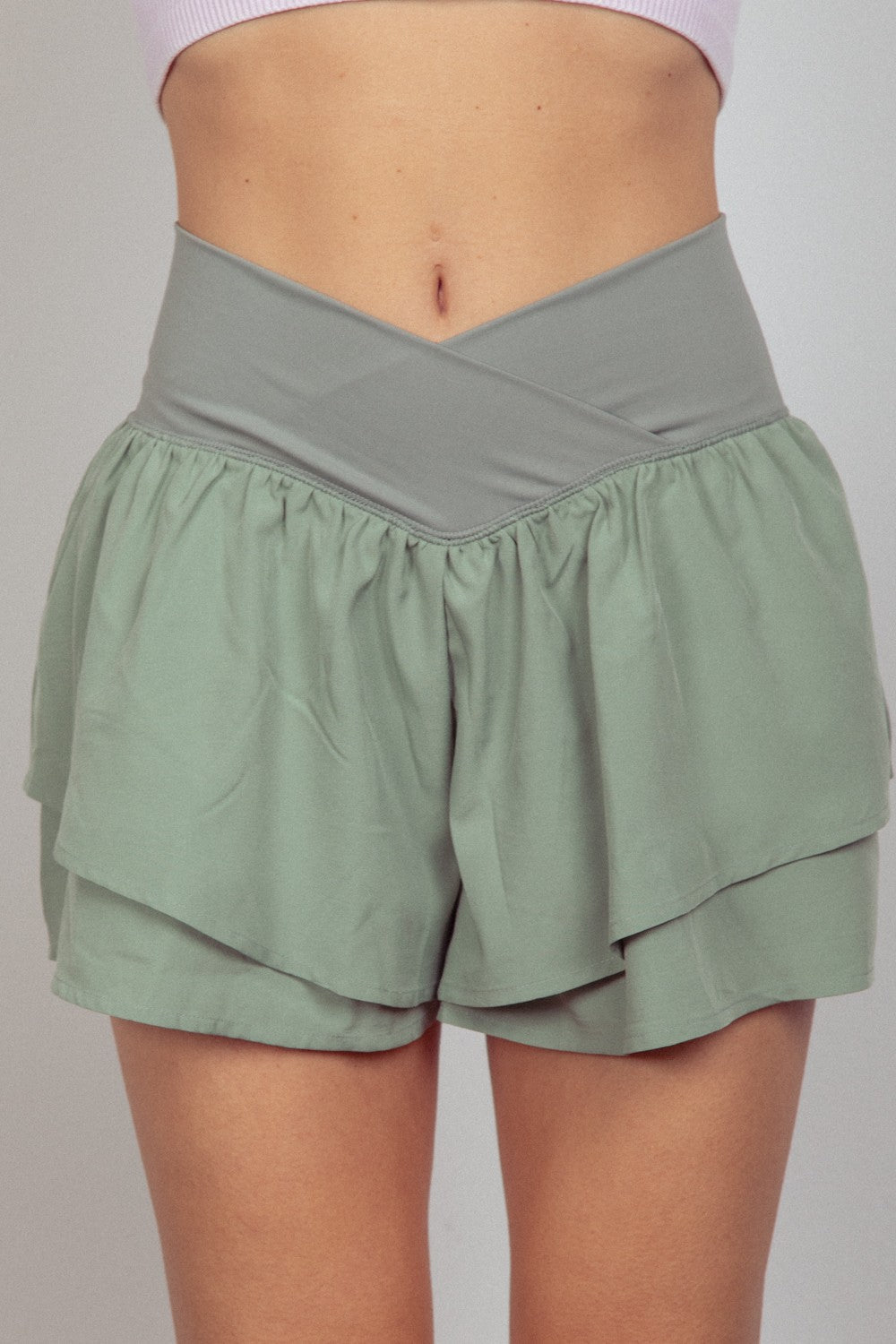 Very JV - Shaped High Waist Layered Active Shorts in Sage