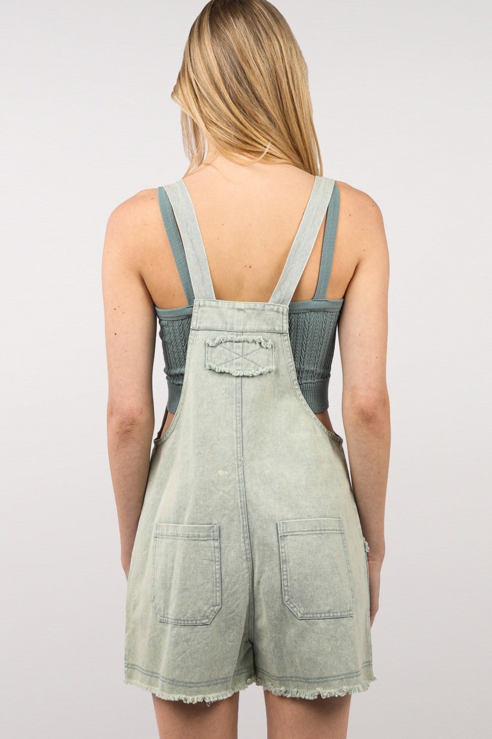 Very JWashed Cotton Frayed Hem Denim Shortalls in Sage