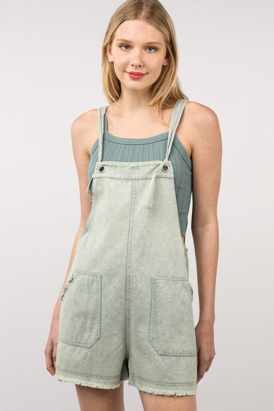 Very JWashed Cotton Frayed Hem Denim Shortalls in Sage