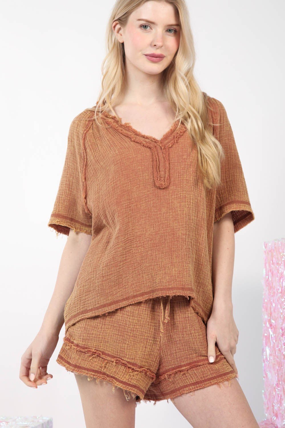 Very JWashed Cotton Gauze Top and Shorts Set in Mocha