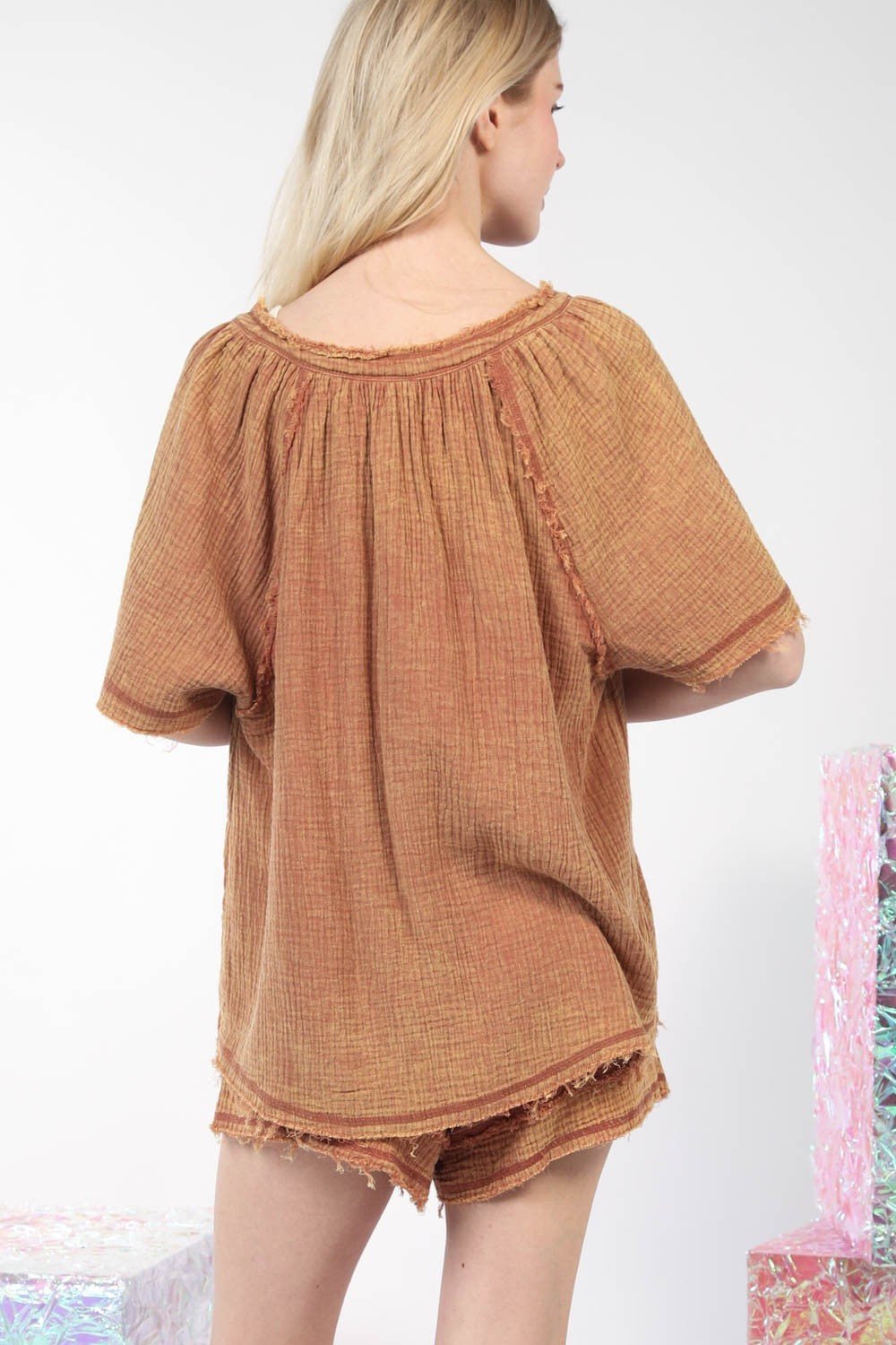 Very JWashed Cotton Gauze Top and Shorts Set in Mocha