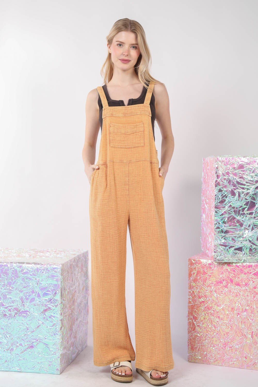 Very JWashed Cotton Wide Leg Overalls in Orange