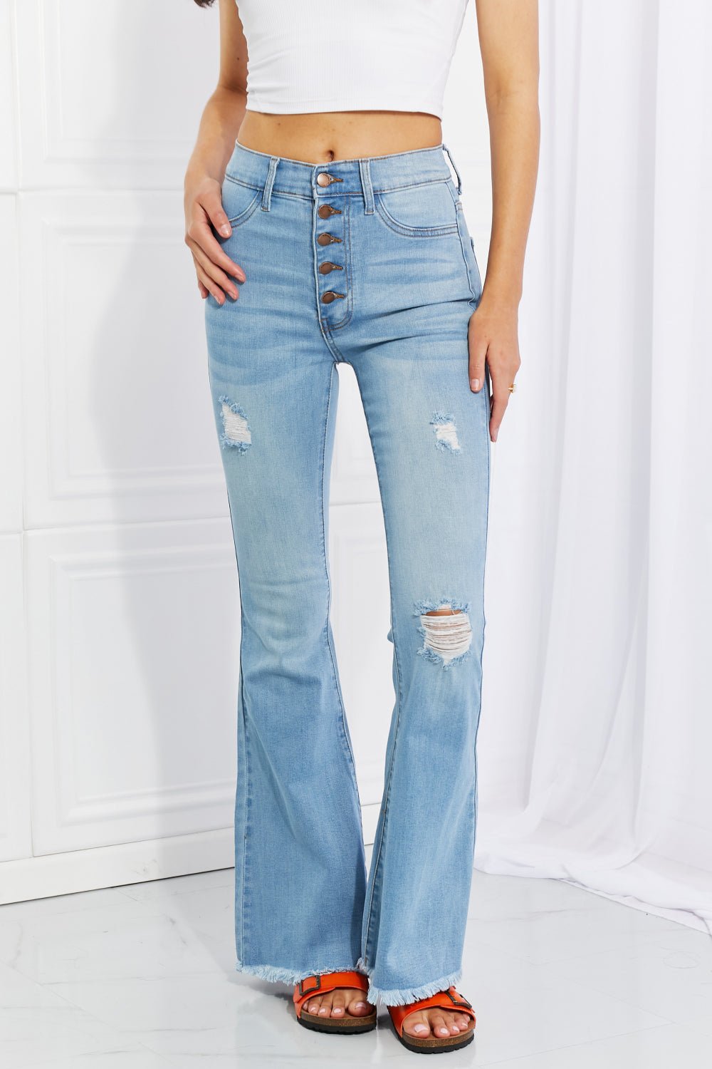 VibrantLight Wash Button Fly Flare Jeans