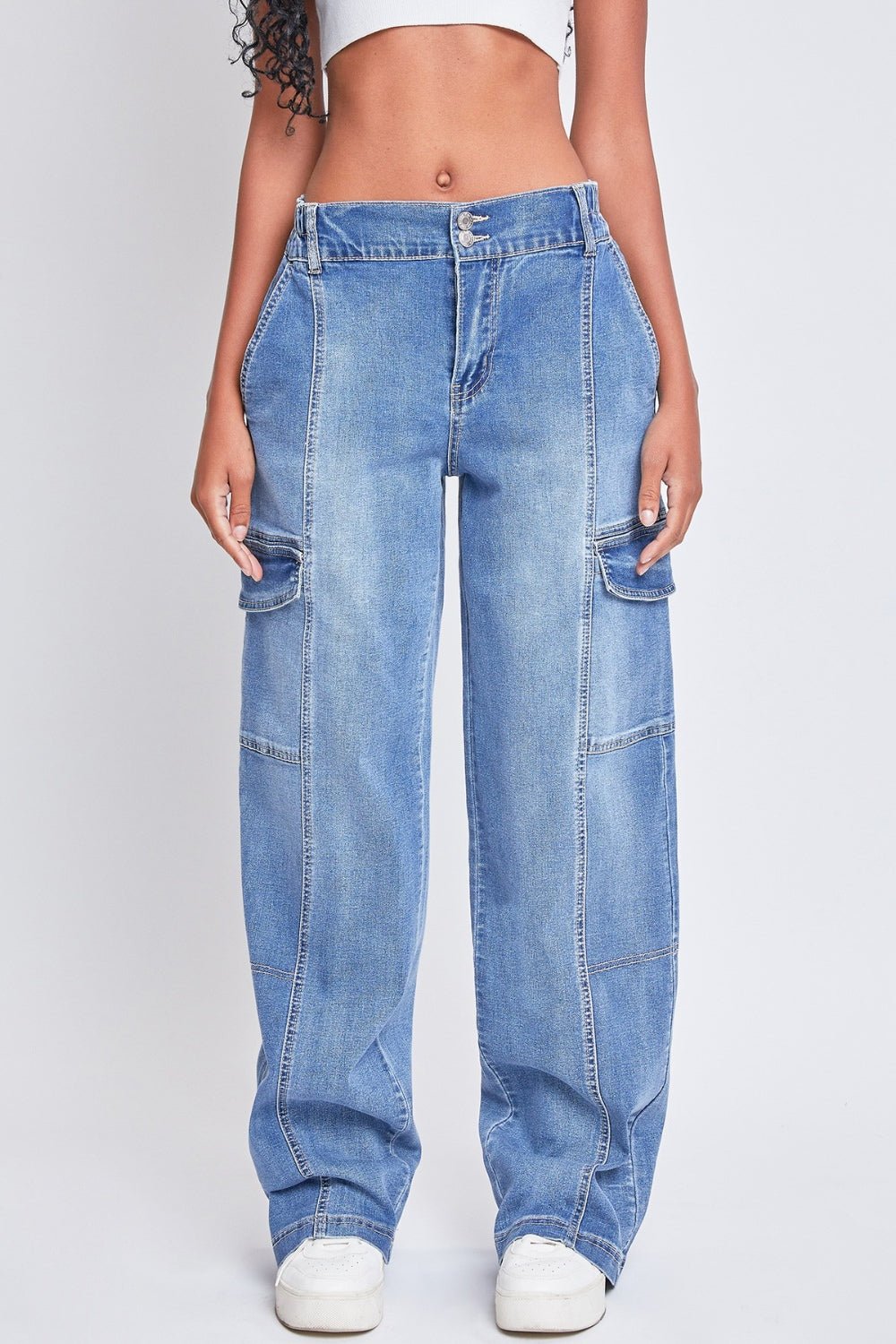 Vintage Medium Wash High-Rise Straight Leg Cargo JeansJeansYMI Jeanswear